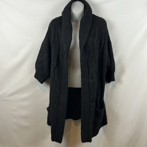 Vince Alpaca Wool Blend Dark‎ Gray Open Long Cardigan Sweater with Hoodie Size L - Picture 2 of 11